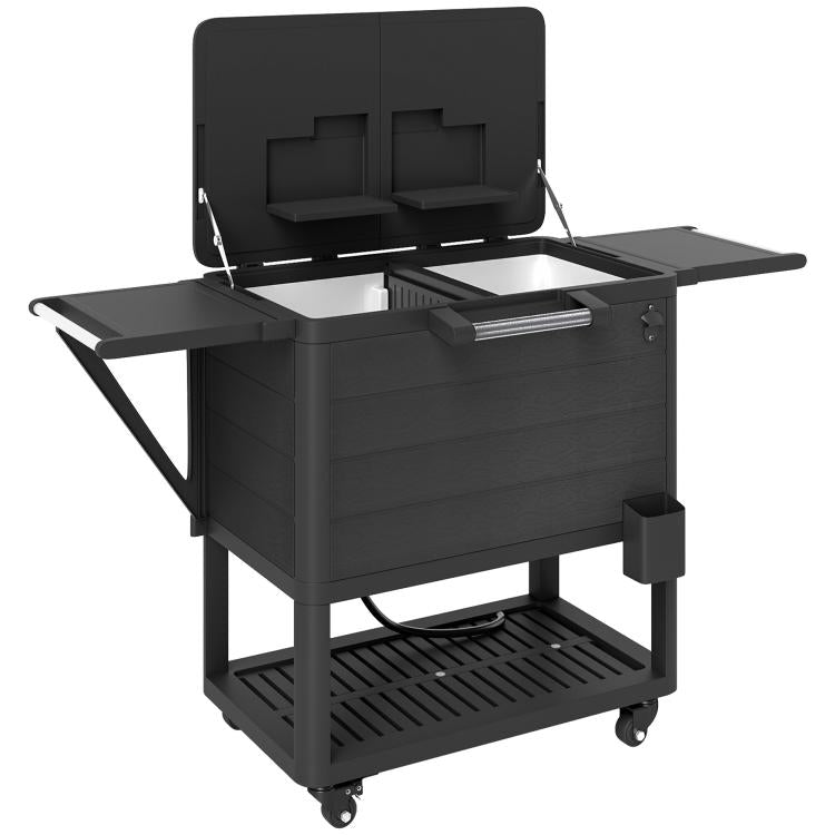 Black rolling outdoor ice chest cart with open lid, side shelves, and wheels