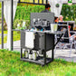 Black rolling ice chest cart with open lid, side prep bars, and two-tier storage.