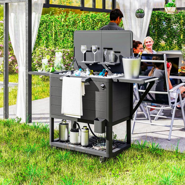 Black rolling ice chest cart with open lid, side prep bars, and two-tier storage.
