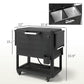 Black 104-quart outdoor cooler cart with wheels, open lid, and lower grill shelf.