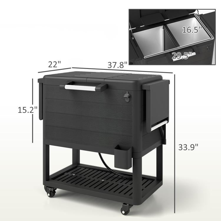 Black 104-quart outdoor cooler cart with wheels, open lid, and lower grill shelf.
