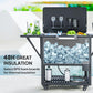 Black rolling cooler cart with open lid, ice bin, and upper cup-and-glass storage.
