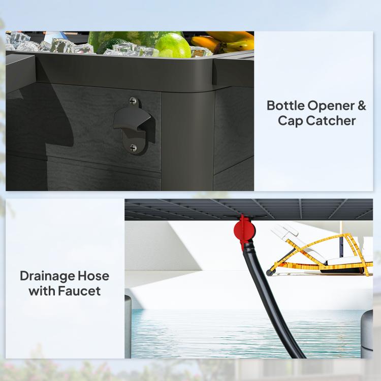 Black cooler cart with bottle-opener cap catcher and drainage hose with faucet.