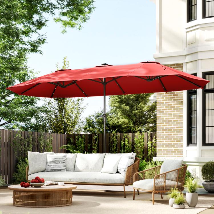Wine red market umbrella with crank-style support pole, open canopy for patio shade
