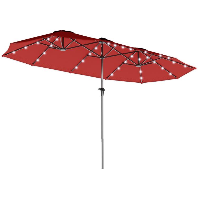 Wine red double-sided market umbrella underside with solar light dots and center pole