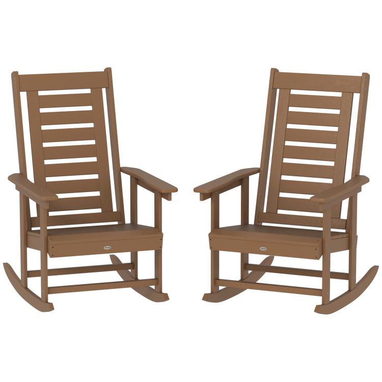 Pair of brown high-back slatted rocking chairs with wide armrests