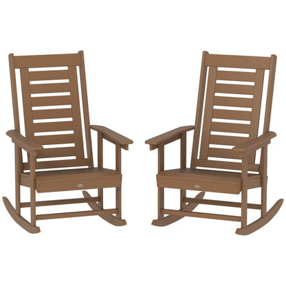 Pair of brown high-back slatted rocking chairs with wide armrests