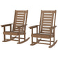 Brown high-back rocking chair set with wide armrests, slatted seat and back
