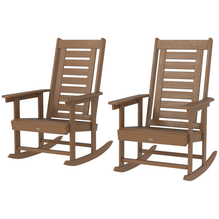 Brown high-back rocking chair set with wide armrests, slatted seat and back