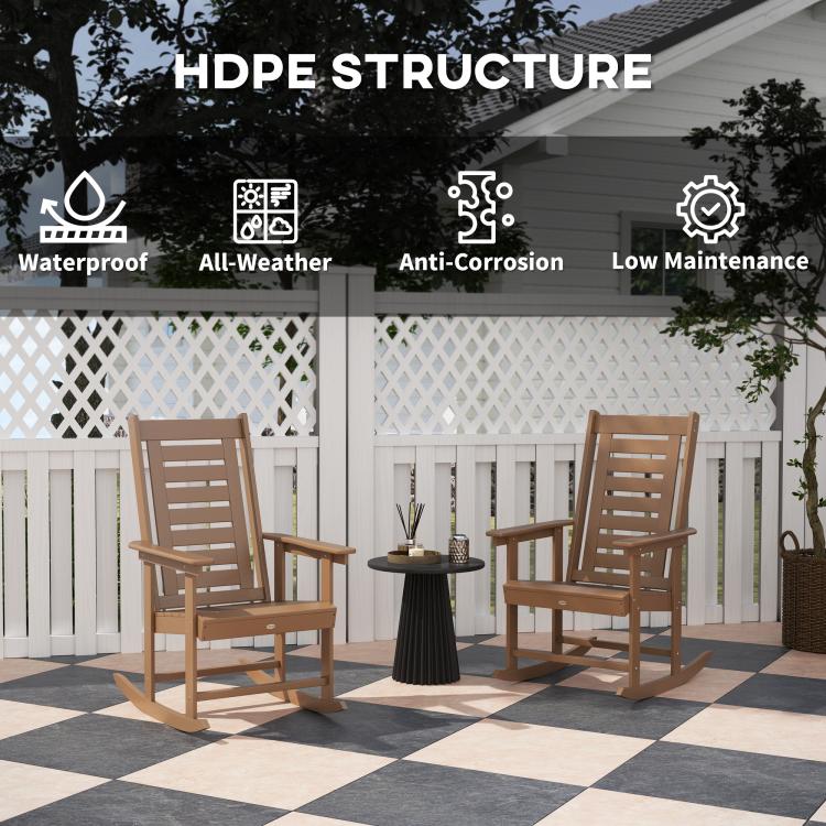 Brown outdoor rocking chair set with tall slatted backs and wide armrests