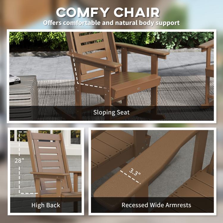 Brown high-back rocking chair with slatted back and recessed wide armrests