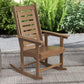 Brown high-back rocking chair with slatted seat and back, wide armrests