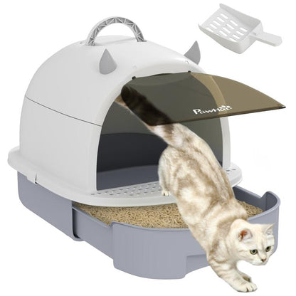 Covered cat litter box with lid, gray base and dark privacy door, with scoop removed top