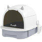 Covered cat litter box with gray base and dark front panel lid, side storage scoop holder