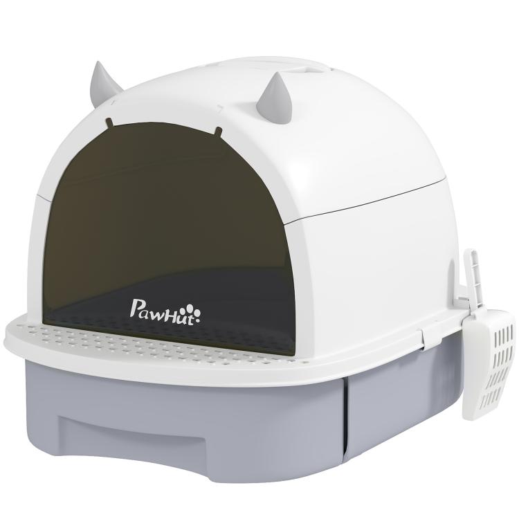 Covered cat litter box with gray base and dark front panel lid, side storage scoop holder