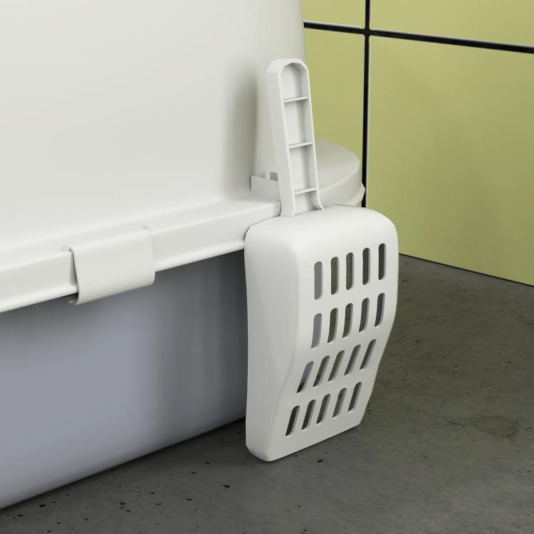 Covered cat litter box with lid open, vented sides, light gray base