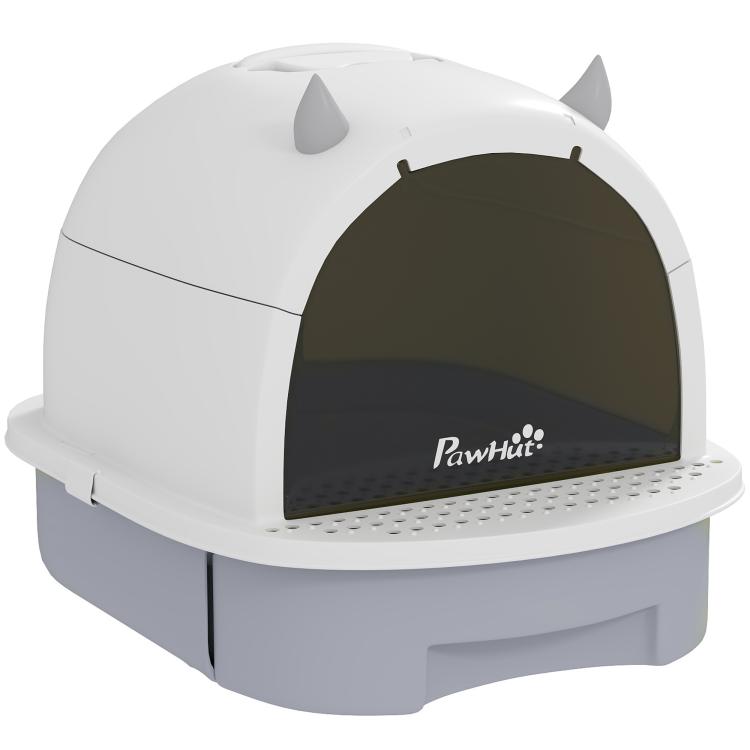 Covered cat litter box with tinted entrance window and PawHut logo on front