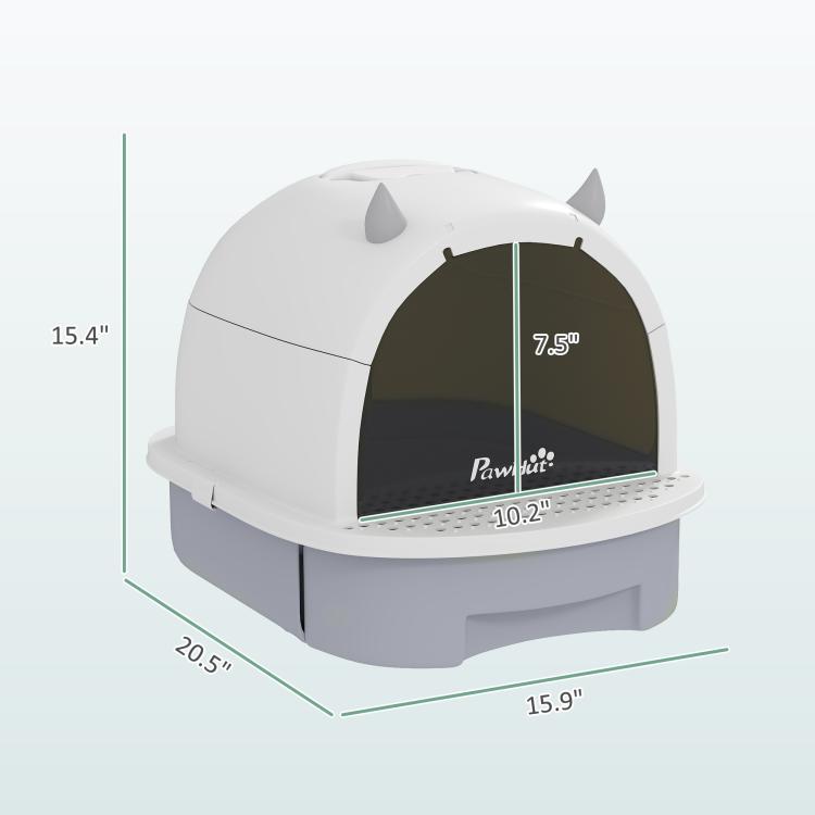 Covered cat litter box dimensions view, white top with dark door and gray base