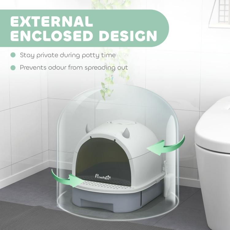 Covered cat litter box with external enclosed design and clear cover around unit