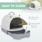 Covered cat litter box with lid, dark privacy door, and scoop included for cleaning