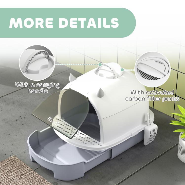 Covered cat litter box with carrying handle, scoop tool, and drawer front design