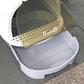 Covered cat litter box with lid open, dark privacy panel and perforated litter tray