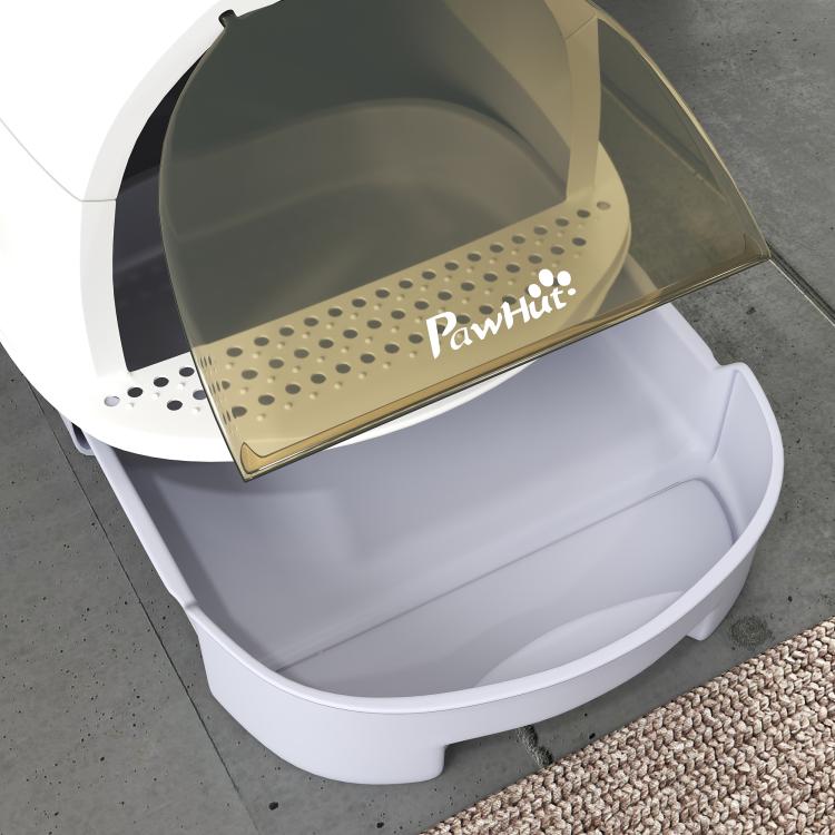 Covered cat litter box with lid open, dark privacy panel and perforated litter tray