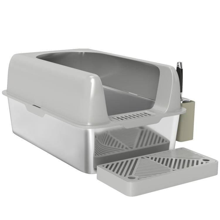 Light gray stainless steel cat litter box with side scoop holder and step ramp