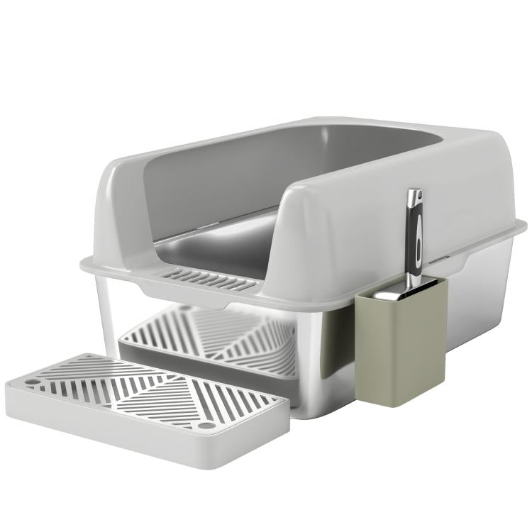 Light gray litter box with metal scoop, scoop holder, and vented insert