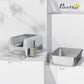 Light gray cat litter box with stainless steel interior and metal scoop