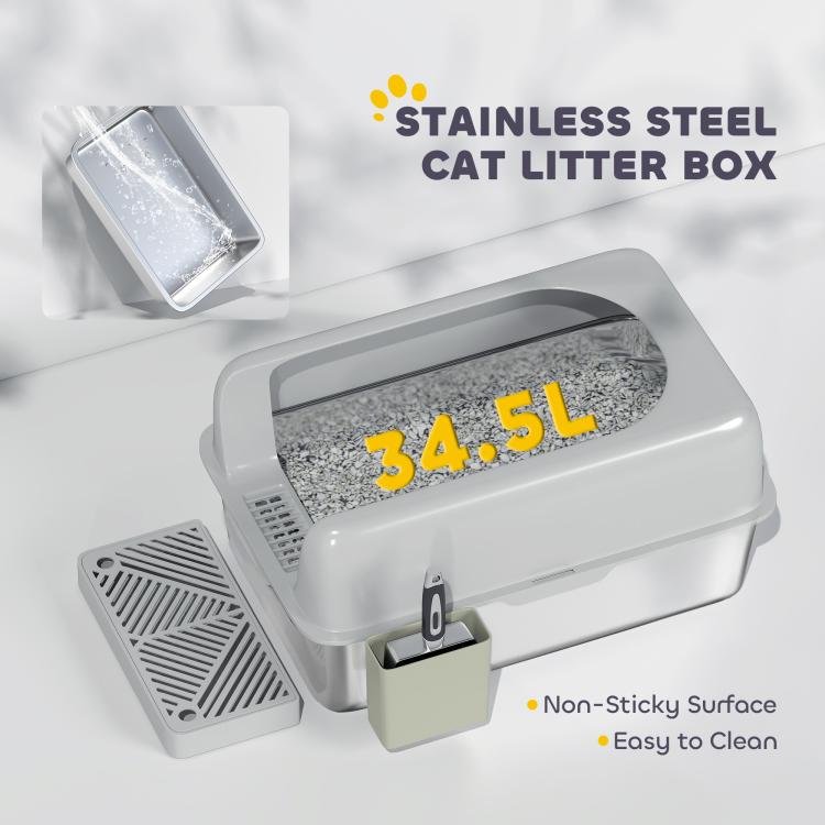 Light gray stainless steel cat litter box with metal scoop and scoop holder