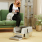 Light gray cat litter box with metal scoop holder and two ramps