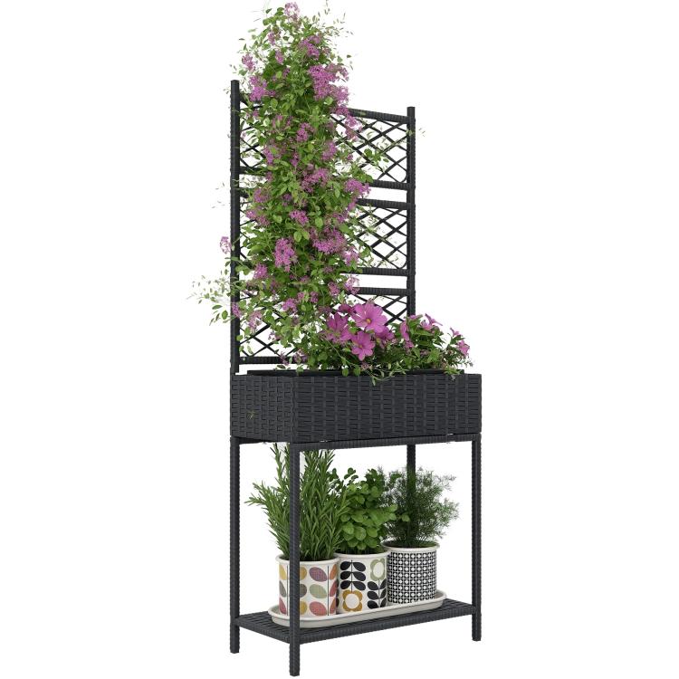 Black outdoor wicker planter with trellis, filled with purple flowers and lower storage shelf