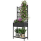 Black outdoor rattan planter with trellis and green plants on two-tier storage shelf