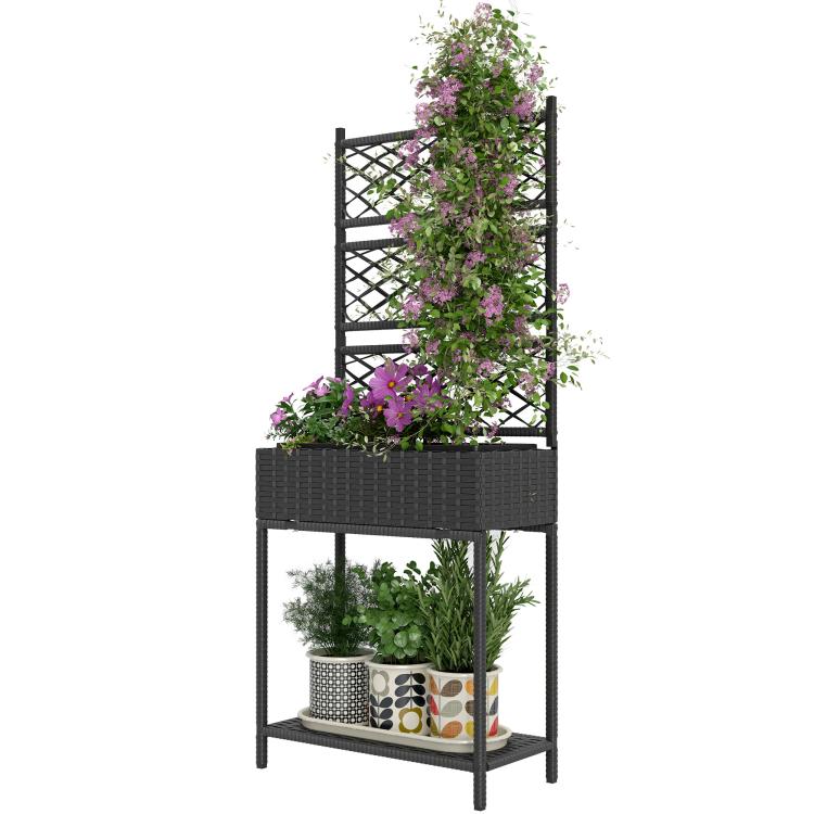 Black outdoor rattan planter with trellis and green plants on two-tier storage shelf