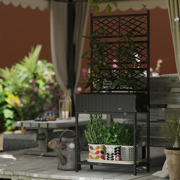 Black wicker outdoor planter with trellis and open storage shelf, freestanding