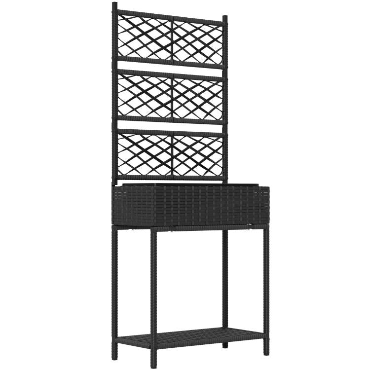 Freestanding rattan planter box with black trellis and storage shelf