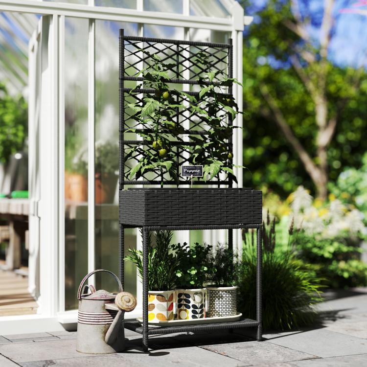 Black outdoor planter with trellis, green plants in raised planter box with lower shelf