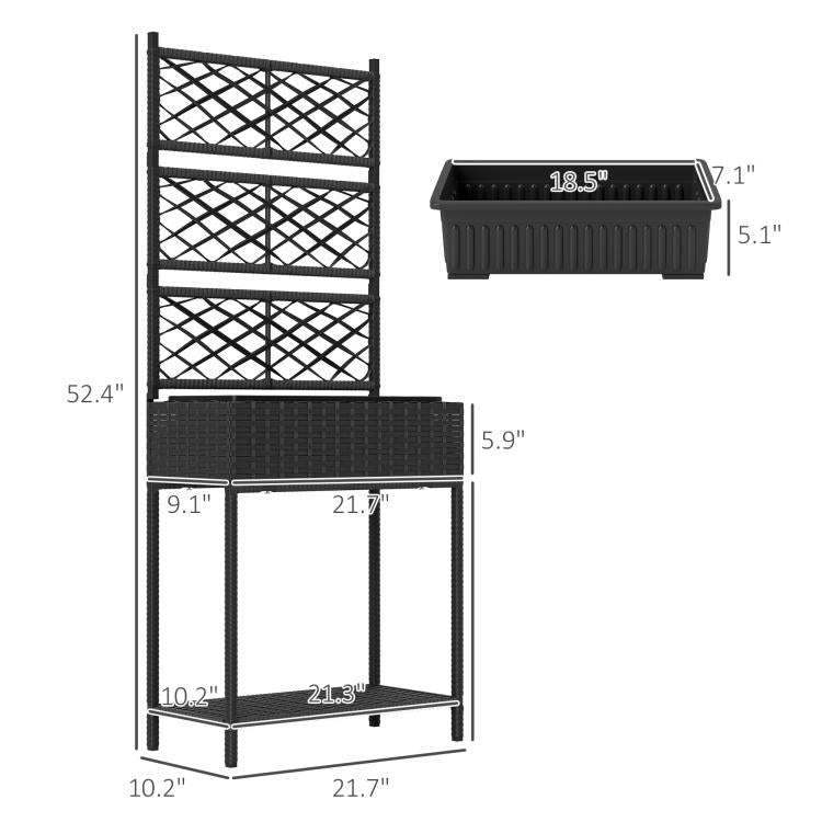Black wicker planter with trellis and bottom shelf, with size diagram and tray insert