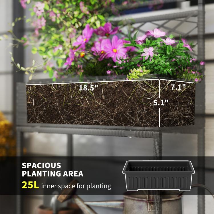 Black outdoor planter box with soil insert and pink flowers, top rim and raised frame