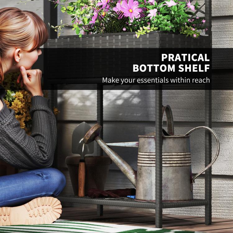 Black wicker planter with trellis and practical bottom shelf for garden essentials
