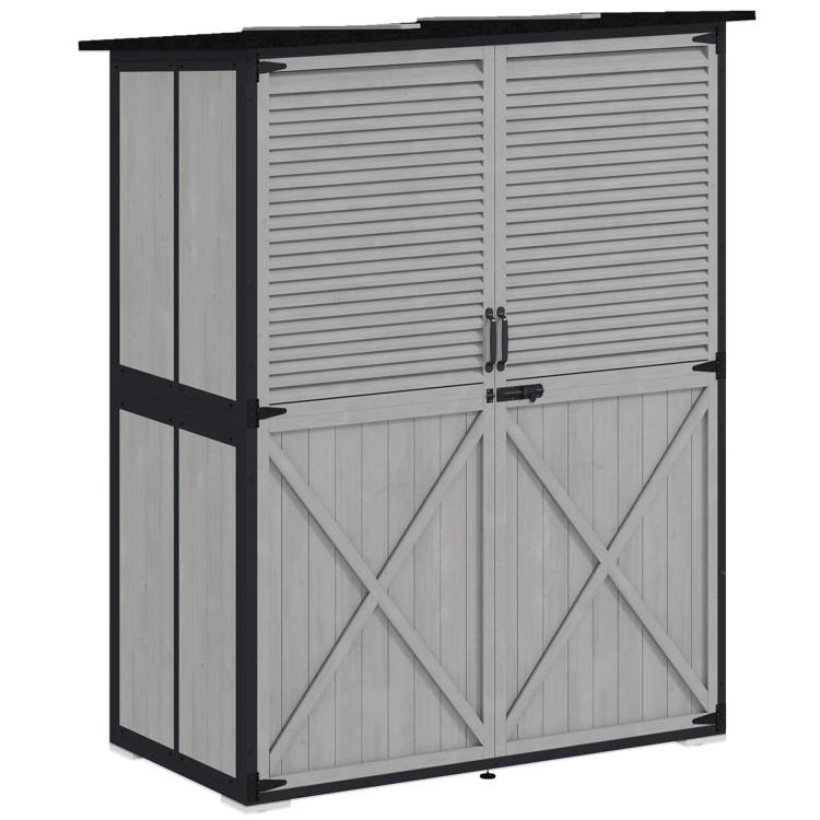 Wood Storage Shed, Outdoor Garden Shed with Asphalt Roof, 2 Shelves, Lockable Doors and Adjustable Feet, Gray
