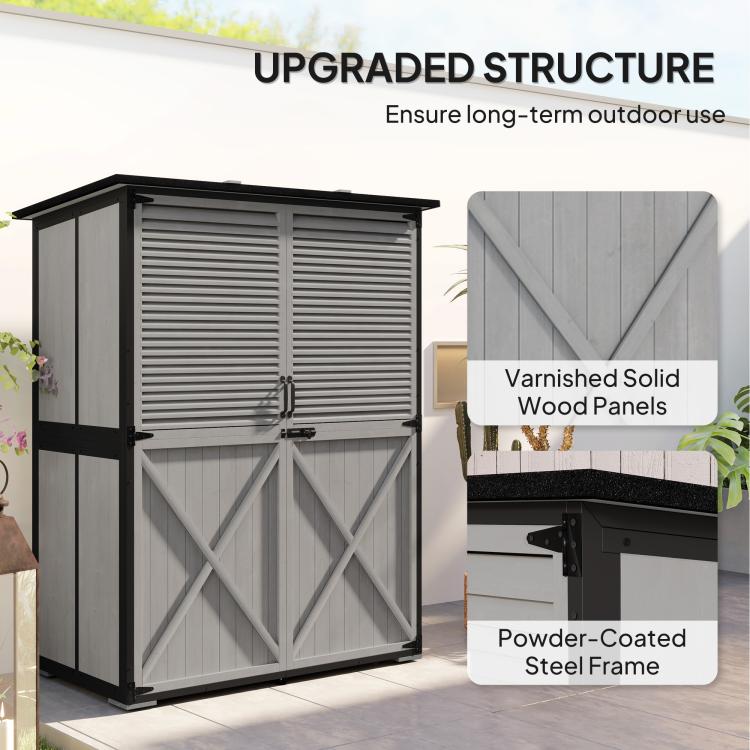 Wood Storage Shed, Outdoor Garden Shed with Asphalt Roof, 2 Shelves, Lockable Doors and Adjustable Feet, Gray