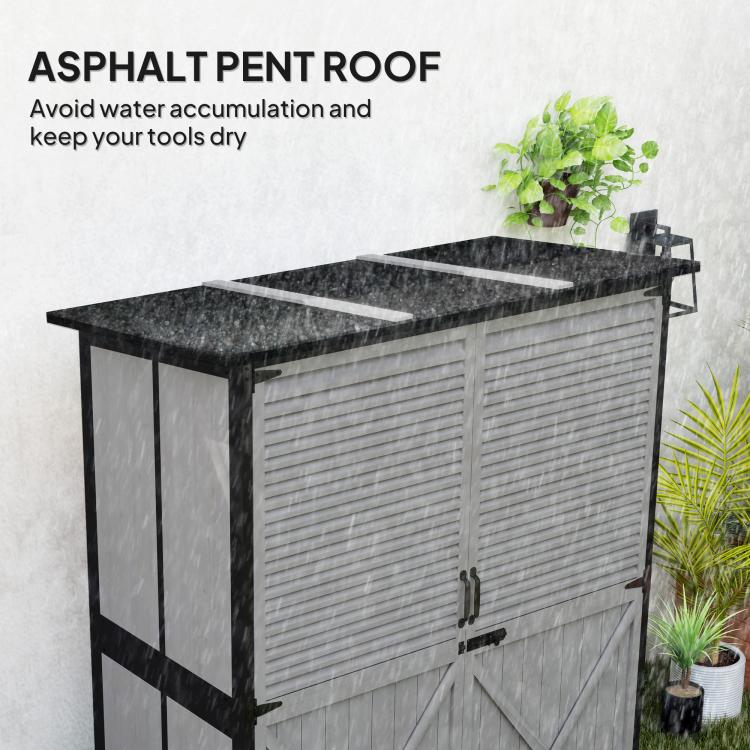 Wood Storage Shed, Outdoor Garden Shed with Asphalt Roof, 2 Shelves, Lockable Doors and Adjustable Feet, Gray