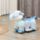 Kids electric ride-on dinosaur plush with dimensions shown, blue and light blue, front view.