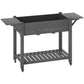Gray raised wooden planter box with wheels, side tables, and bottom shelf