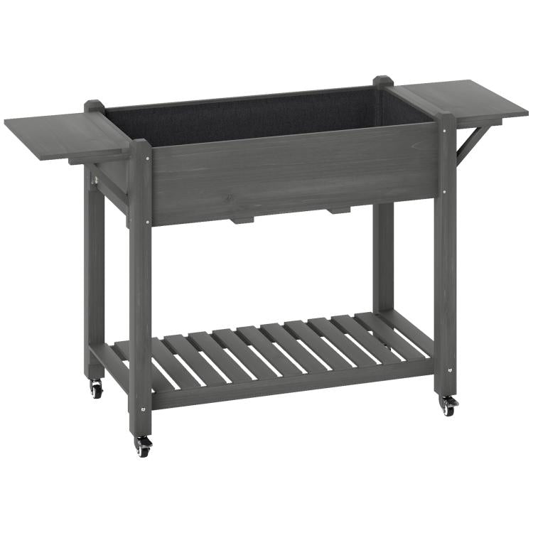 Gray raised wooden planter box with wheels, side tables, and bottom shelf