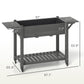 Gray elevated garden bed planter box with labeled size dimensions and bottom shelf