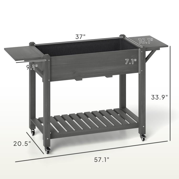 Gray elevated garden bed planter box with labeled size dimensions and bottom shelf