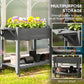 Gray raised planter box with flowers and two side tables, plus bottom shelf storage